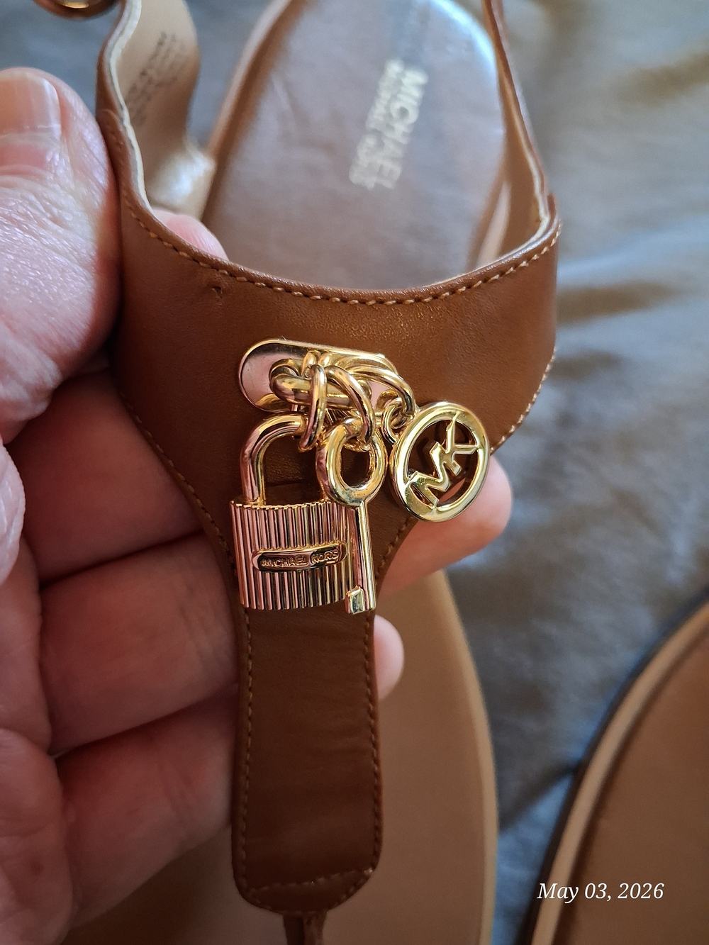 Michael Kors Cognac Leather T-Strap Sandals with Gold Logo Charm - Picture 2 of 4